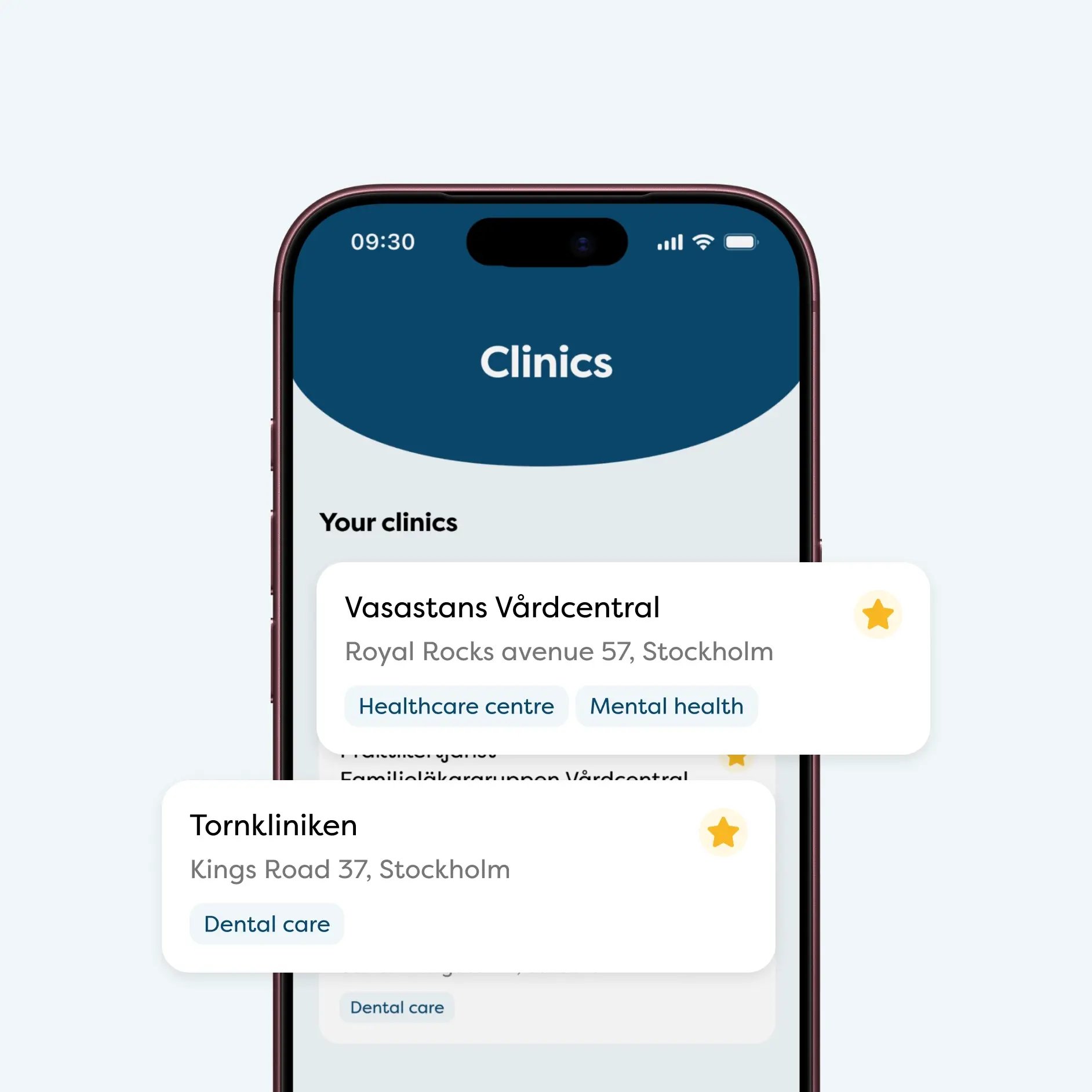 Homescreen - overview of your clinics in the app