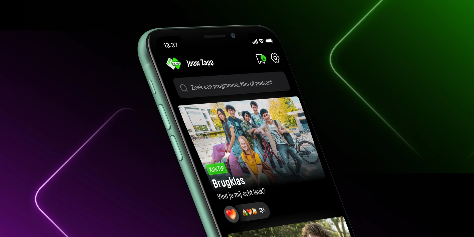 Green iPhone showing NPO Zapp app homescreen