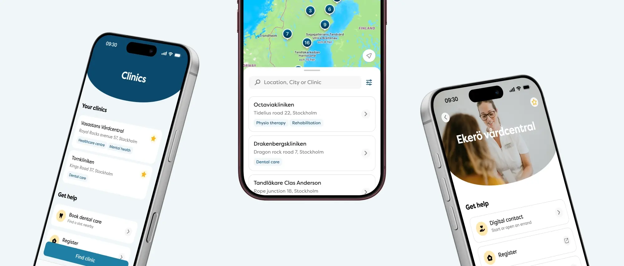 Three mockups screens of praktikertjänst app